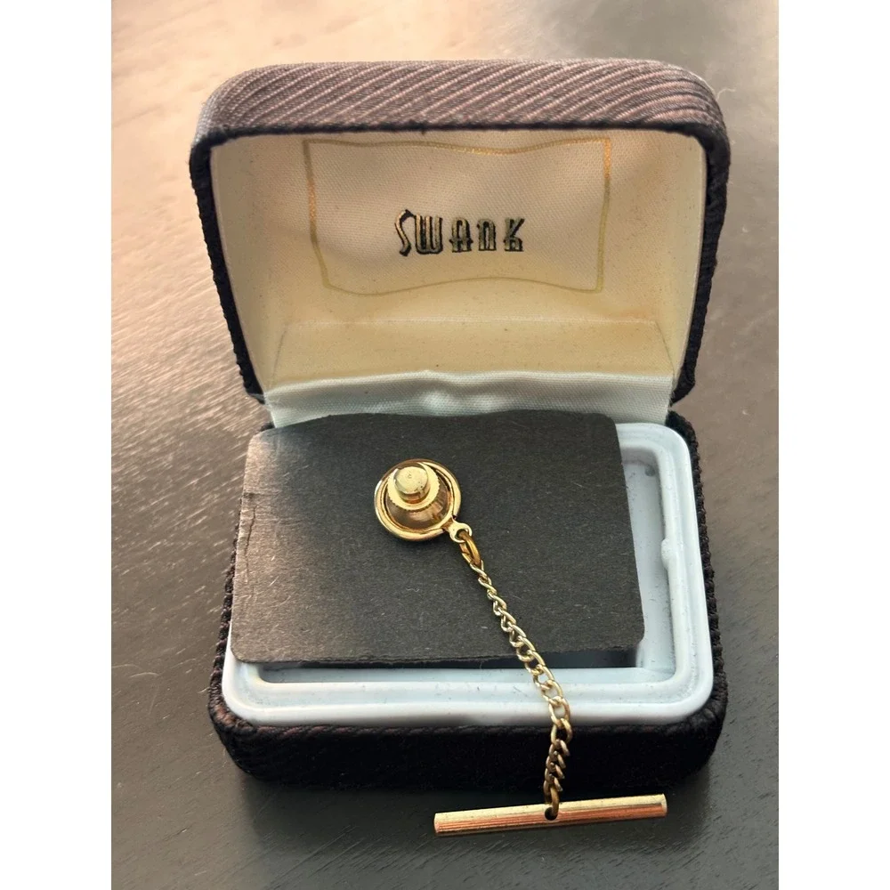 Vintage Swank Gold Tone Initial L Tie Tack with Chain and Original Box